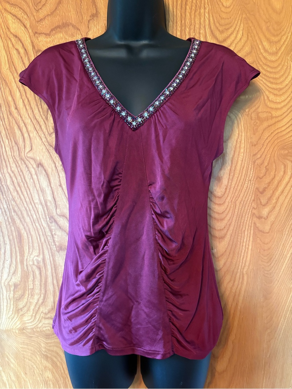 Express Burgundy V-Neck Ruched Top with Beaded Trim